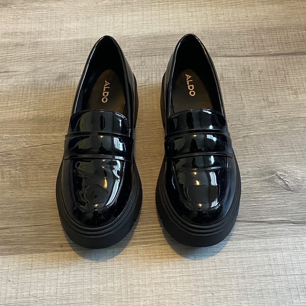 ALDO Shiny Black Patent Loafers.
